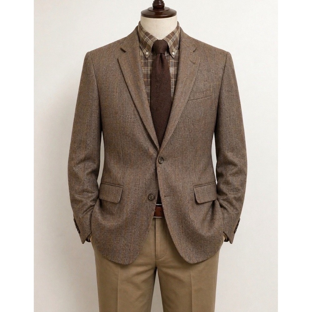 Meeting Street Blazer Men 44L Brown 100% Lambswool Herringbone Sport Coat Preppy